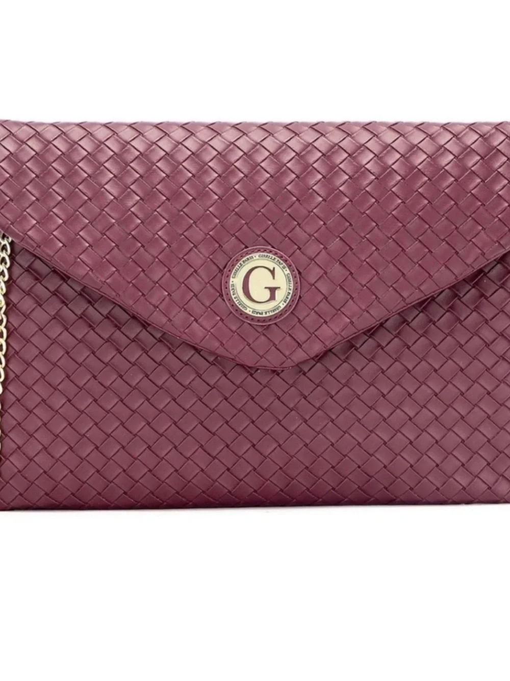 Woven Envelope Clutch with Chain Strap - Burgundy